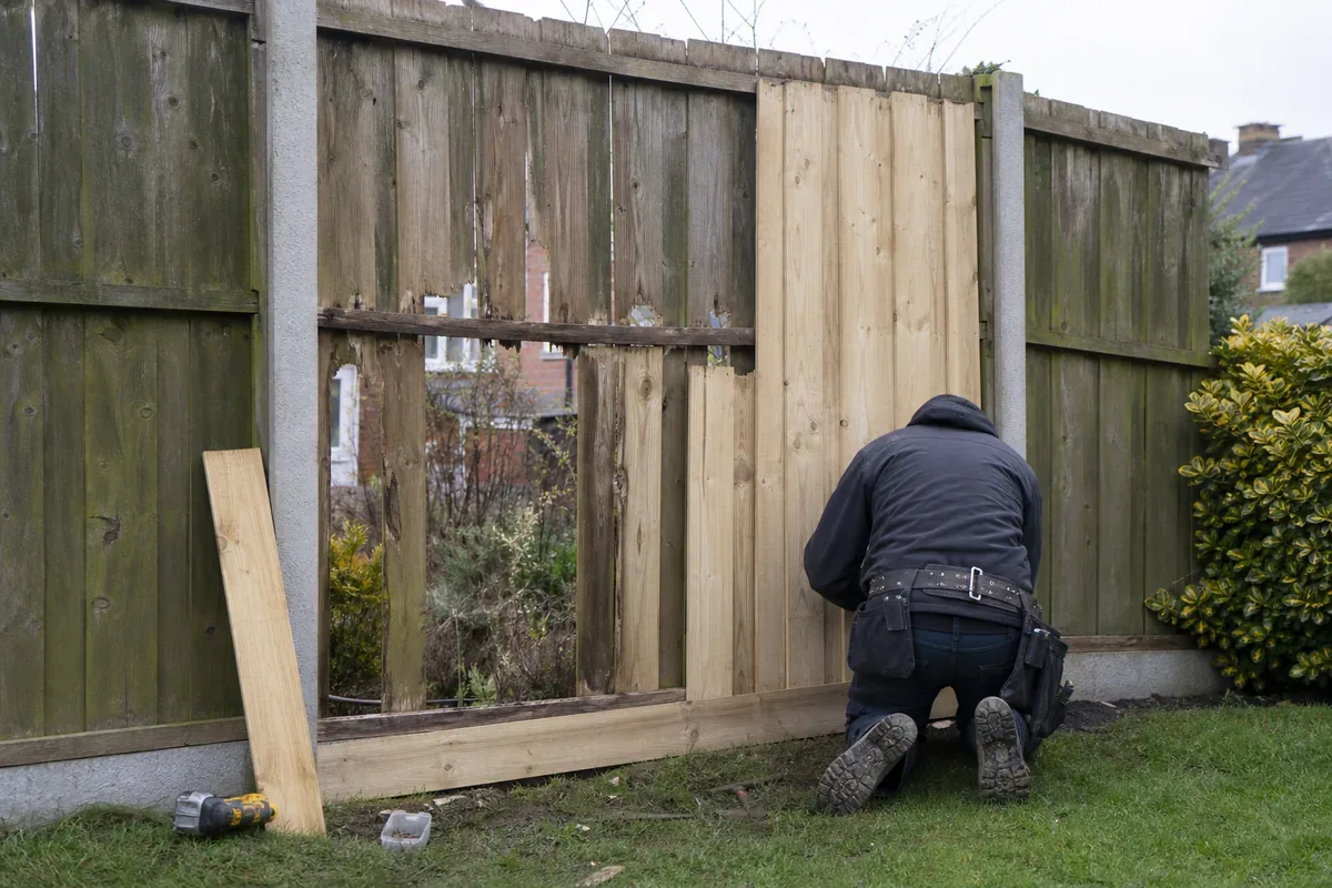 Damaged garden fence being repaired in Huddersfield